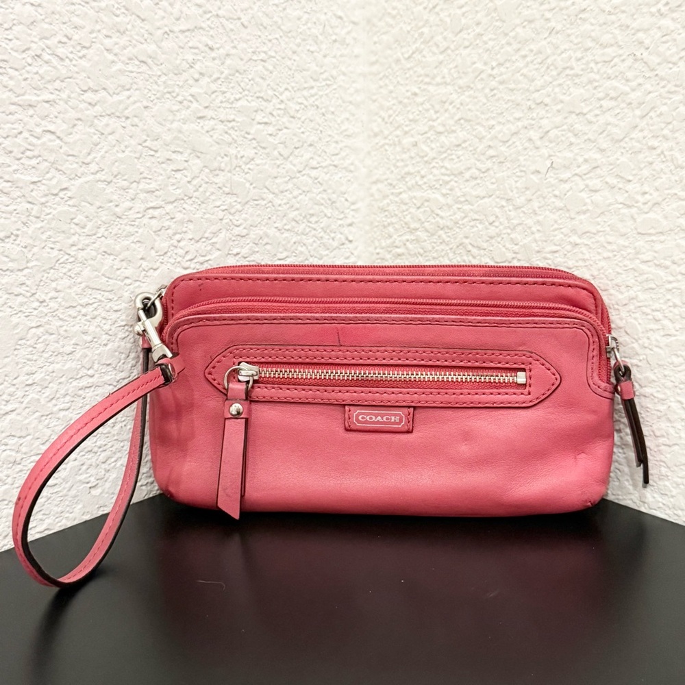 COACH Coral Daisy Leather Double Zip Wallet Wristlet